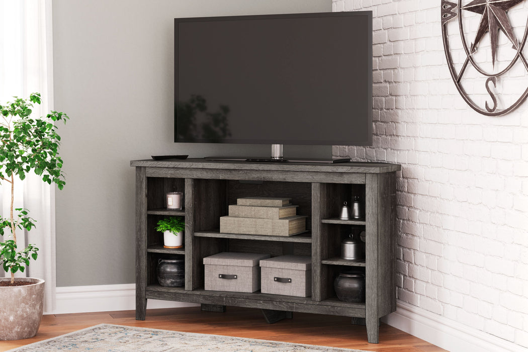 Arlenbry - Gray - Corner TV Stand With Glass/Stone Fireplace Insert
