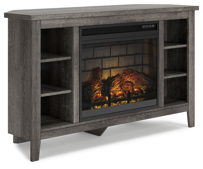 Arlenbry - Gray - Corner TV Stand With Faux Firebrick Fireplace Insert