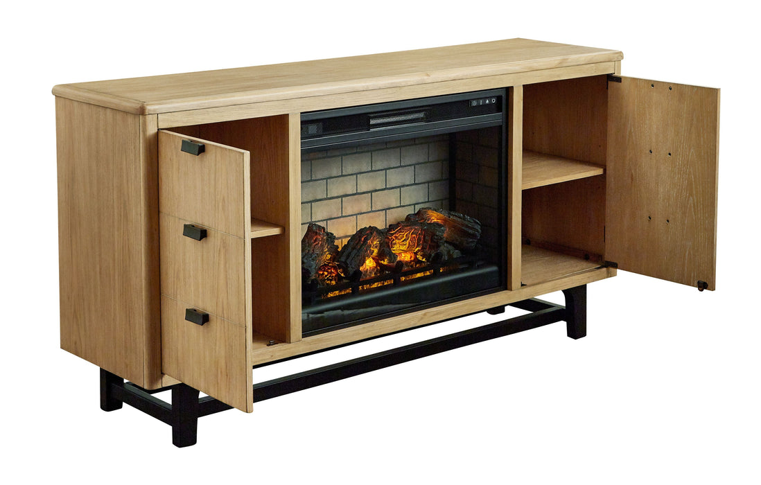 Freslowe - Light Brown / Black - TV Stand With Electric Infrared Fireplace Insert Cleveland Home Outlet (OH) - Furniture Store in Middleburg Heights Serving Cleveland, Strongsville, and Online