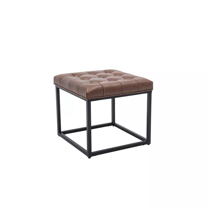 18" Square Button Tufted Metal Ottoman Walnut Faux Leather