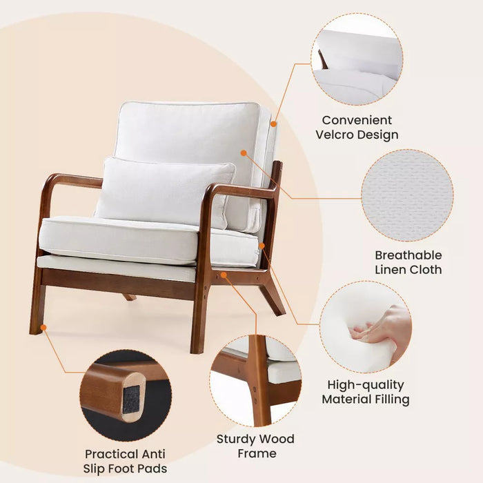 Modern Beige Linen Fabric Upholstered Comfy Reading Accent Chair with Lumbar Pillow