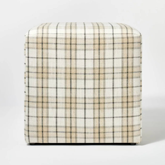 Lynwood Square Upholstered Cube Cream/Brown Plaid