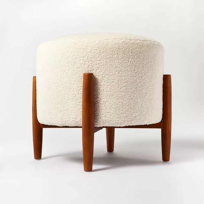 Elroy Faux Shearling Round Ottoman with Wood Legs Cream