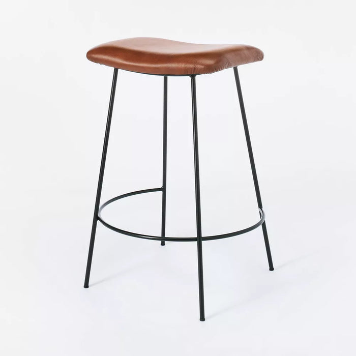 Clarkston Metal Counter Height Barstool with Upholstered Seat Genuine Brown Leather