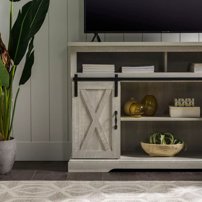 Farmhouse Sliding Barndoor Highboy TV Stand for TVs up to 58" Stone Gray