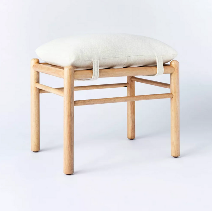 Emery Wood and Upholstered Ottoman with Straps Cream