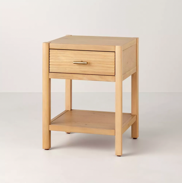 Grooved Wood Square Accent Side Table with Drawer - Natural