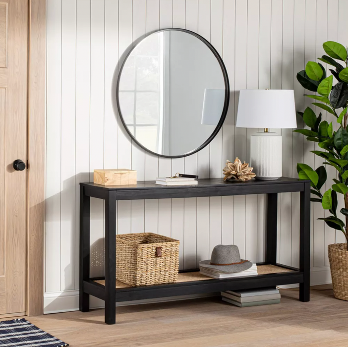 Console table with woven rattan shelf black deals