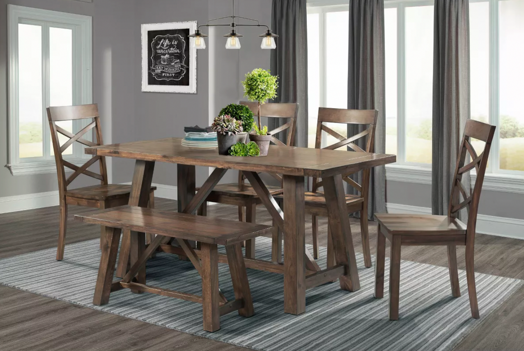6pc Regan Dining Set Table, 4 Side Chairs and Bench Walnut Brown