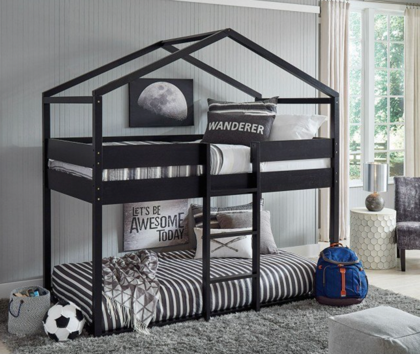 Flannibrook Twin over Twin House Loft Bed (Black)