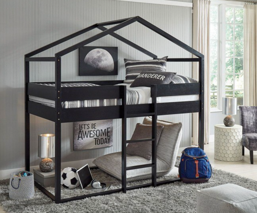 Flannibrook Twin over Twin House Loft Bed (Black)