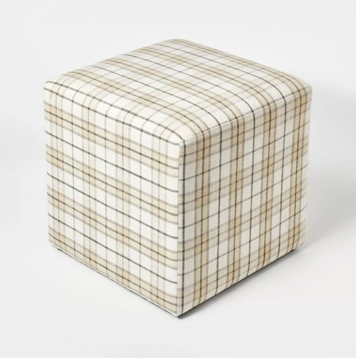 Lynwood Square Upholstered Cube Ottoman Cream/Brown Plaid