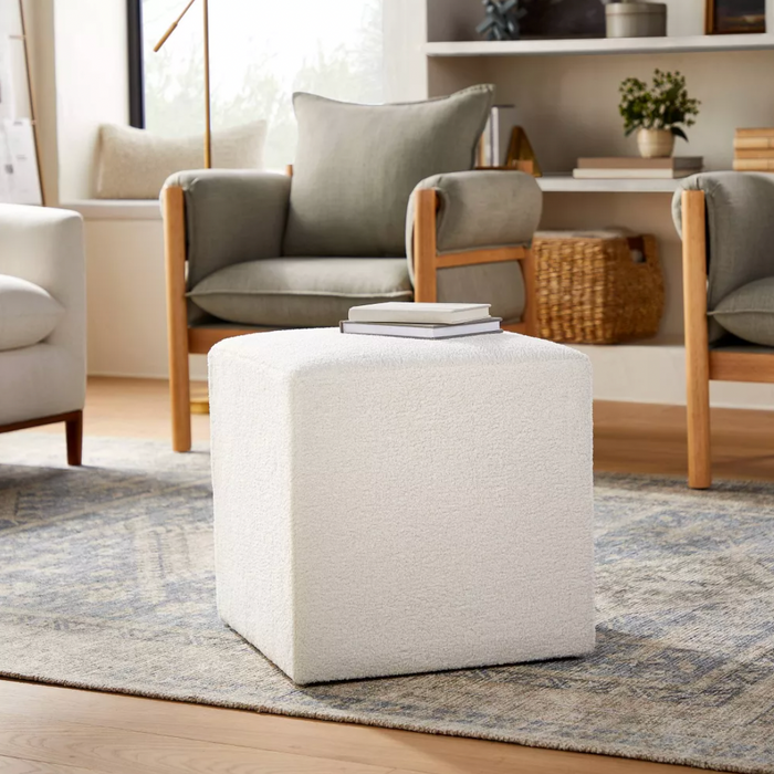Lynwood Square Upholstered Cube Ottoman Faux Shearling Cream Boucle