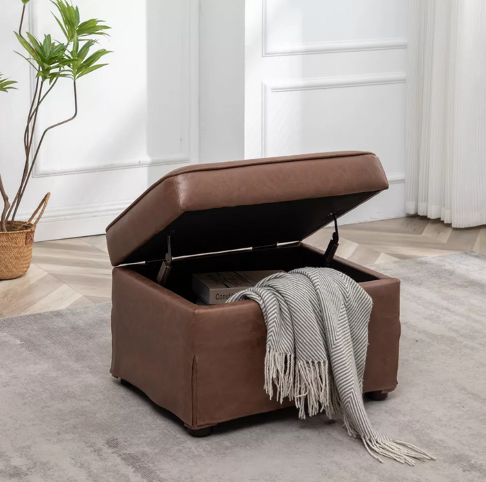 24" Wide Rectangle Storage Ottoman Light Brown Faux Leather