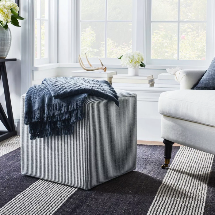 Lynwood Square Upholstered Cube Ottoman Ticking Navy Stripe