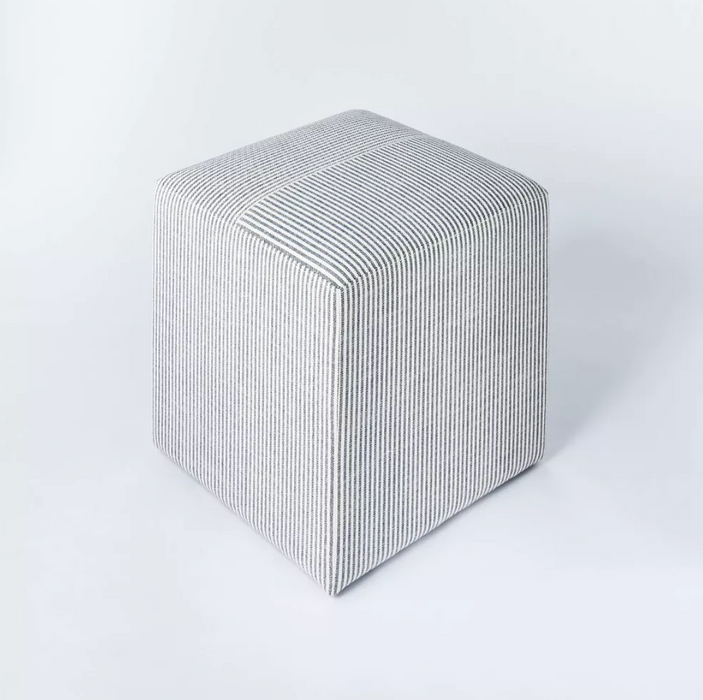 Lynwood Square Upholstered Cube Ottoman Ticking Navy Stripe