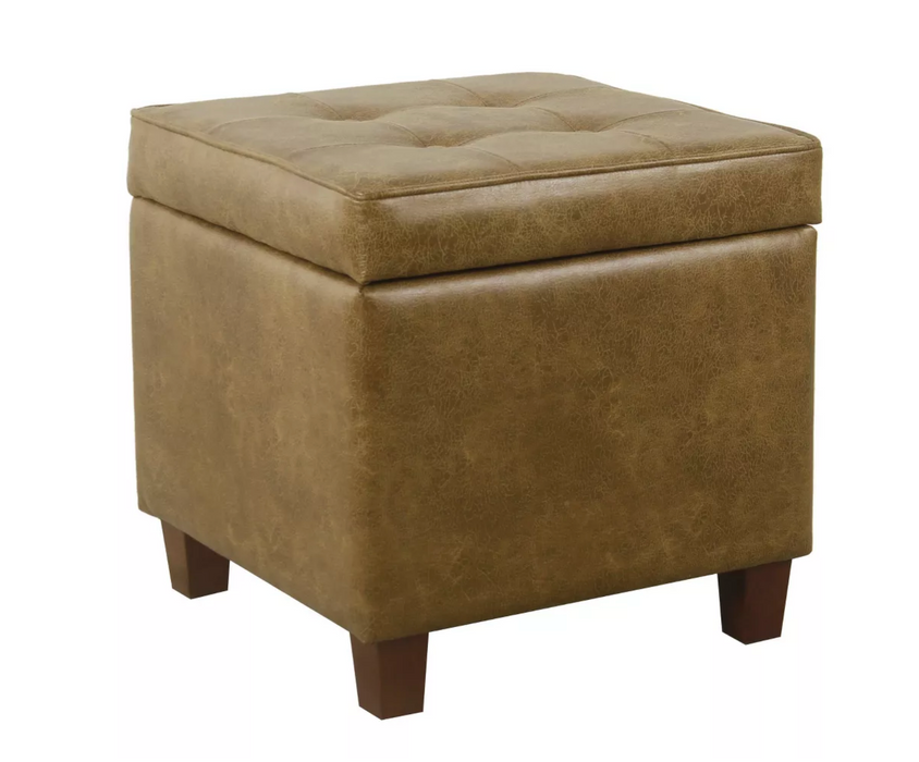 Square Tufted Faux Leather Storage Ottoman Brown