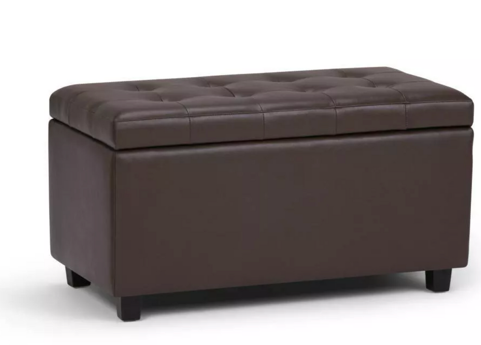 34" Wide Transitional Rectangle Storage Ottoman in Chocolate Brown Vegan Faux Leather