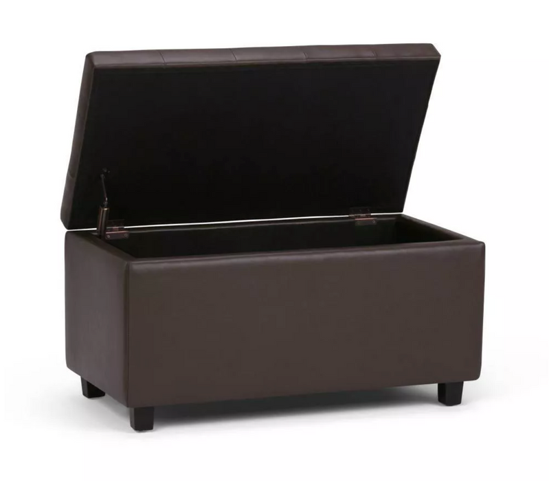 34" Wide Transitional Rectangle Storage Ottoman in Chocolate Brown Vegan Faux Leather