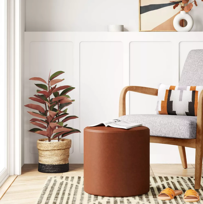 Bodrum Round Upholstered Ottoman Caramel Faux Leather