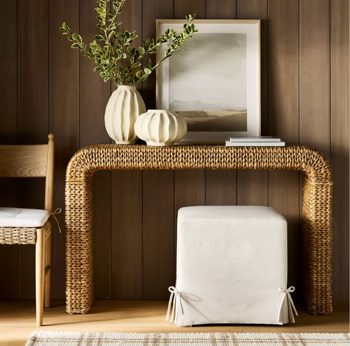 Lynwood Slipcover Cube Ottoman with Tie Details Cream