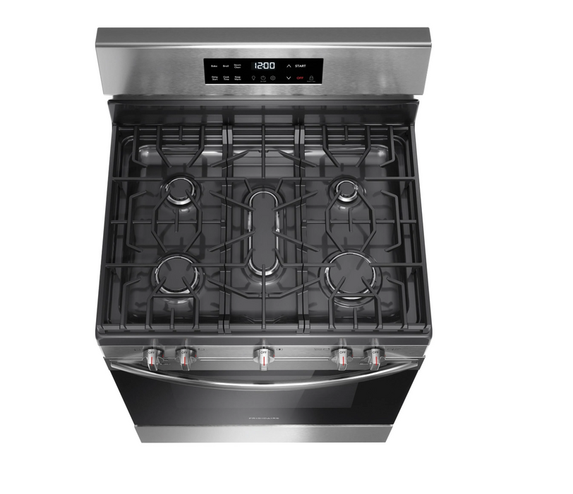 Frigidaire - 30 in. 5 Burner Front Control Gas Range with Steam Clean - Stainless Steel