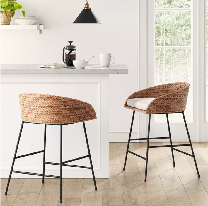 24" Landis Wicker Backed Counter Height Barstool with Cushion and Footrest White/Black