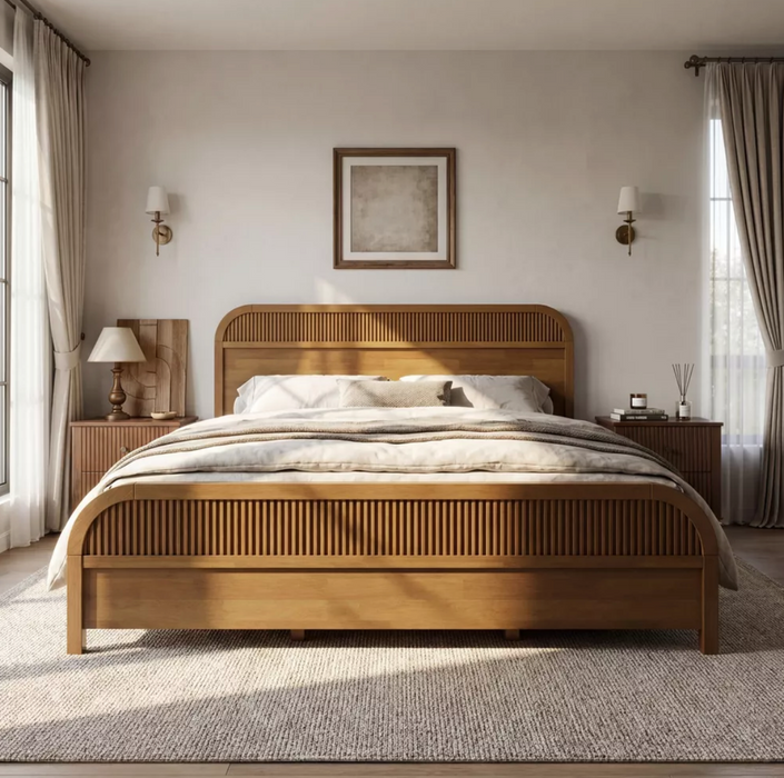 Christopher Knight Home Bennett Mid-Century Modern Wood Platform Bed Frame with Slat Headboard, Oak, King