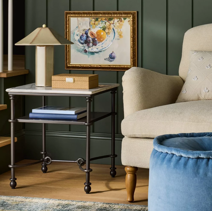 Metal and Marble Side Table with Shelf White Carrara Marble/Dark Bronze