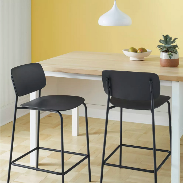 Set of 2 24" Molded Plastic with Metal Base Counter Height Barstool with Footrest Black