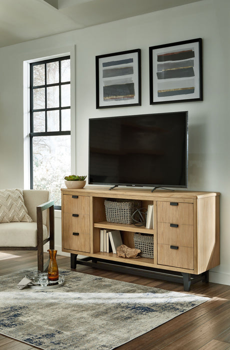 Freslowe - Light Brown / Black - TV Stand With Electric Infrared Fireplace Insert Cleveland Home Outlet (OH) - Furniture Store in Middleburg Heights Serving Cleveland, Strongsville, and Online
