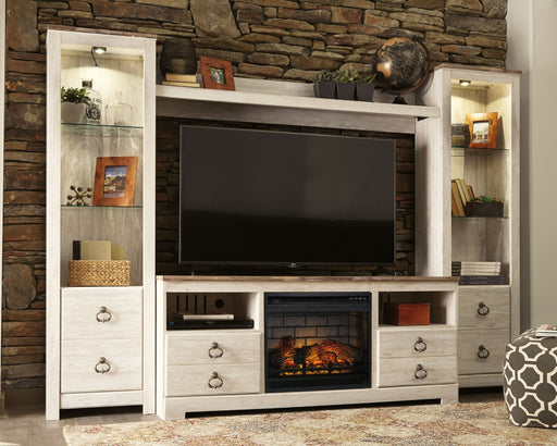 Willowton - Whitewash - Entertainment Center - TV Stand With Faux Firebrick Fireplace Insert Cleveland Home Outlet (OH) - Furniture Store in Middleburg Heights Serving Cleveland, Strongsville, and Online