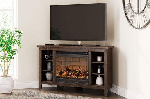 Camiburg - Warm Brown - Corner TV Stand With Faux Firebrick Fireplace Insert Cleveland Home Outlet (OH) - Furniture Store in Middleburg Heights Serving Cleveland, Strongsville, and Online