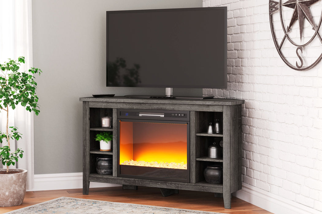 Arlenbry - Gray - Corner TV Stand With Glass/Stone Fireplace Insert Cleveland Home Outlet (OH) - Furniture Store in Middleburg Heights Serving Cleveland, Strongsville, and Online