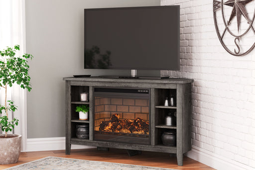 Arlenbry - Gray - Corner TV Stand With Faux Firebrick Fireplace Insert Cleveland Home Outlet (OH) - Furniture Store in Middleburg Heights Serving Cleveland, Strongsville, and Online