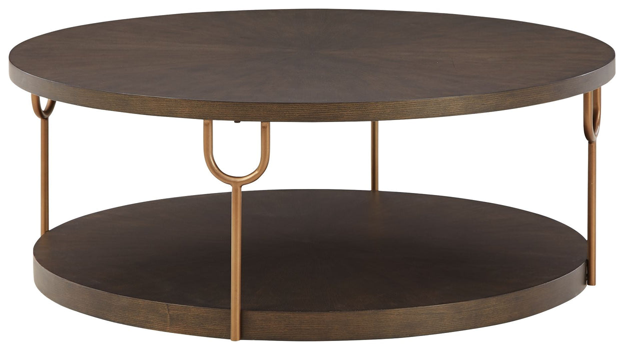 Brazburn - Dark Brown / Gold Finish - Round Cocktail Table Cleveland Home Outlet (OH) - Furniture Store in Middleburg Heights Serving Cleveland, Strongsville, and Online