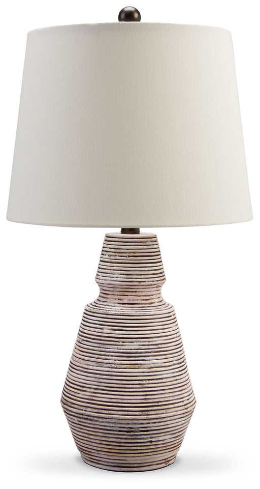Jairburns - Brick Red / White - Poly Table Lamp (Set of 2) Cleveland Home Outlet (OH) - Furniture Store in Middleburg Heights Serving Cleveland, Strongsville, and Online