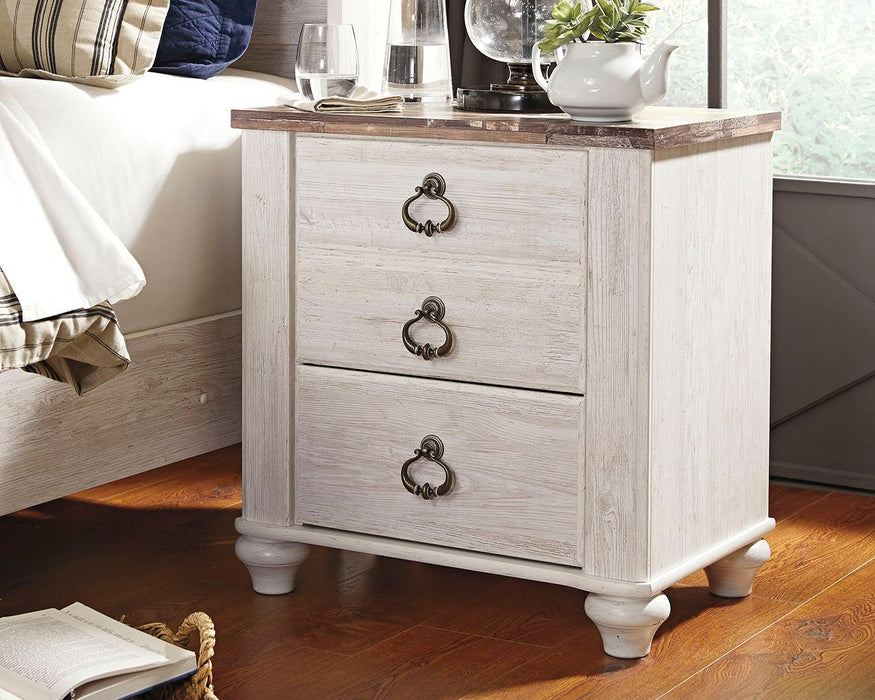 Willowton - Brown / Beige / White - Two Drawer Night Stand Cleveland Home Outlet (OH) - Furniture Store in Middleburg Heights Serving Cleveland, Strongsville, and Online