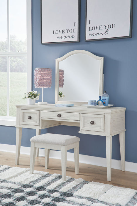 Robbinsdale - Antique White - Mirrored Vanity With Stool Cleveland Home Outlet (OH) - Furniture Store in Middleburg Heights Serving Cleveland, Strongsville, and Online