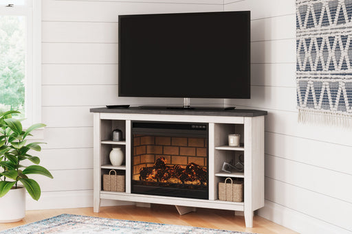 Dorrinson - White / Black / Gray - Corner TV Stand With Faux Firebrick Fireplace Insert Cleveland Home Outlet (OH) - Furniture Store in Middleburg Heights Serving Cleveland, Strongsville, and Online