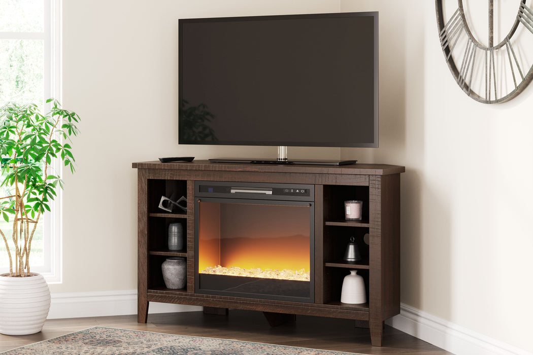 Camiburg - Warm Brown - Corner TV Stand With Fireplace Insert Glass/Stone Cleveland Home Outlet (OH) - Furniture Store in Middleburg Heights Serving Cleveland, Strongsville, and Online