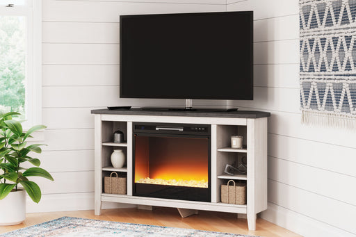 Dorrinson - White / Black / Gray - Corner TV Stand With Fireplace Insert Glass/Stone Cleveland Home Outlet (OH) - Furniture Store in Middleburg Heights Serving Cleveland, Strongsville, and Online