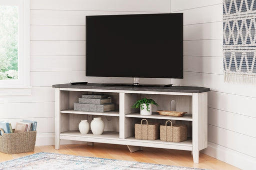 Dorrinson - Two-tone - Medium Corner TV Stand Cleveland Home Outlet (OH) - Furniture Store in Middleburg Heights Serving Cleveland, Strongsville, and Online