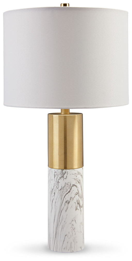 Samney - Gold Finish / White - Metal Table Lamp (Set of 2) Cleveland Home Outlet (OH) - Furniture Store in Middleburg Heights Serving Cleveland, Strongsville, and Online