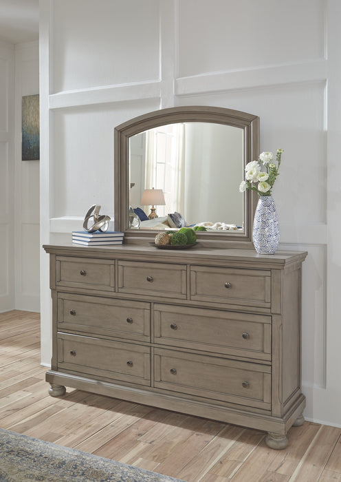 Lettner - Light Gray - 7 Pc. - Dresser, Mirror, California King Sleigh, 2 Nightstands Cleveland Home Outlet (OH) - Furniture Store in Middleburg Heights Serving Cleveland, Strongsville, and Online