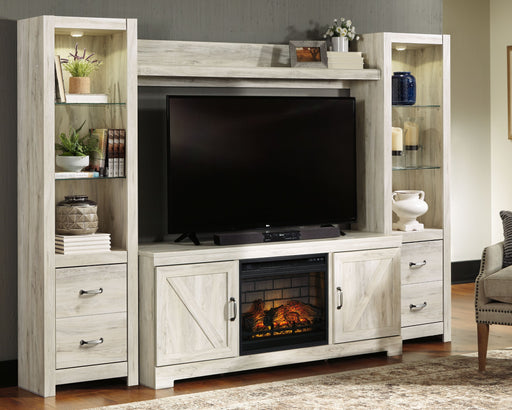 Bellaby - Whitewash - Entertainment Center - TV Stand With Faux Firebrick Fireplace Insert Cleveland Home Outlet (OH) - Furniture Store in Middleburg Heights Serving Cleveland, Strongsville, and Online
