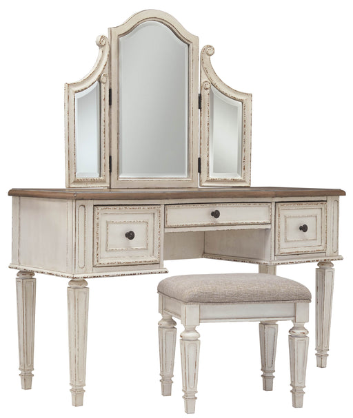 Realyn - White / Brown / Beige - Vanity/mirror/Stool (Set of 3) Cleveland Home Outlet (OH) - Furniture Store in Middleburg Heights Serving Cleveland, Strongsville, and Online