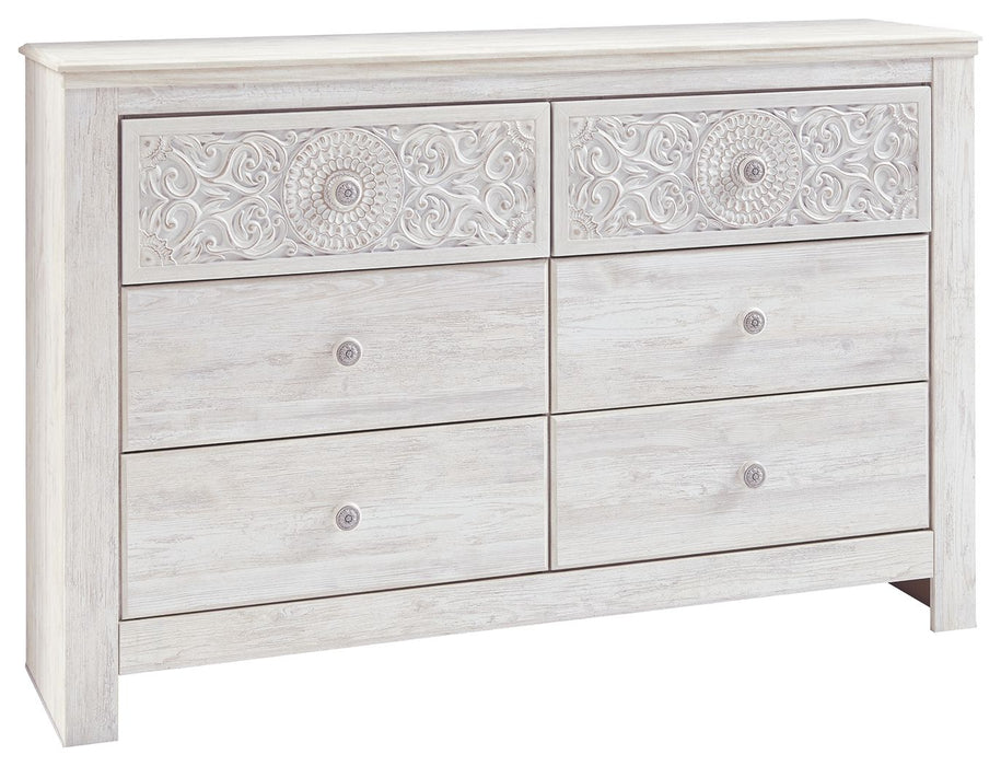 Paxberry - Whitewash - Six Drawer Dresser - Medallion Drawer Pulls Cleveland Home Outlet (OH) - Furniture Store in Middleburg Heights Serving Cleveland, Strongsville, and Online