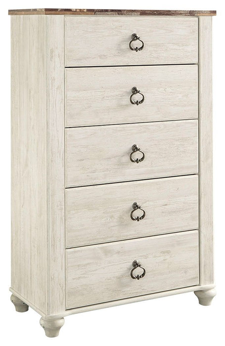 Willowton - Brown / Beige / White - Five Drawer Chest Cleveland Home Outlet (OH) - Furniture Store in Middleburg Heights Serving Cleveland, Strongsville, and Online